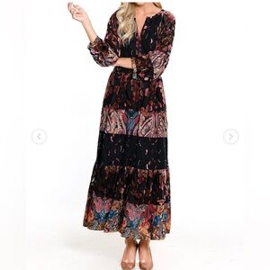 John Mark Tiered Maxi Dress Black Burnout Velvet Whimsigoth Dark Fairy Sz Medium